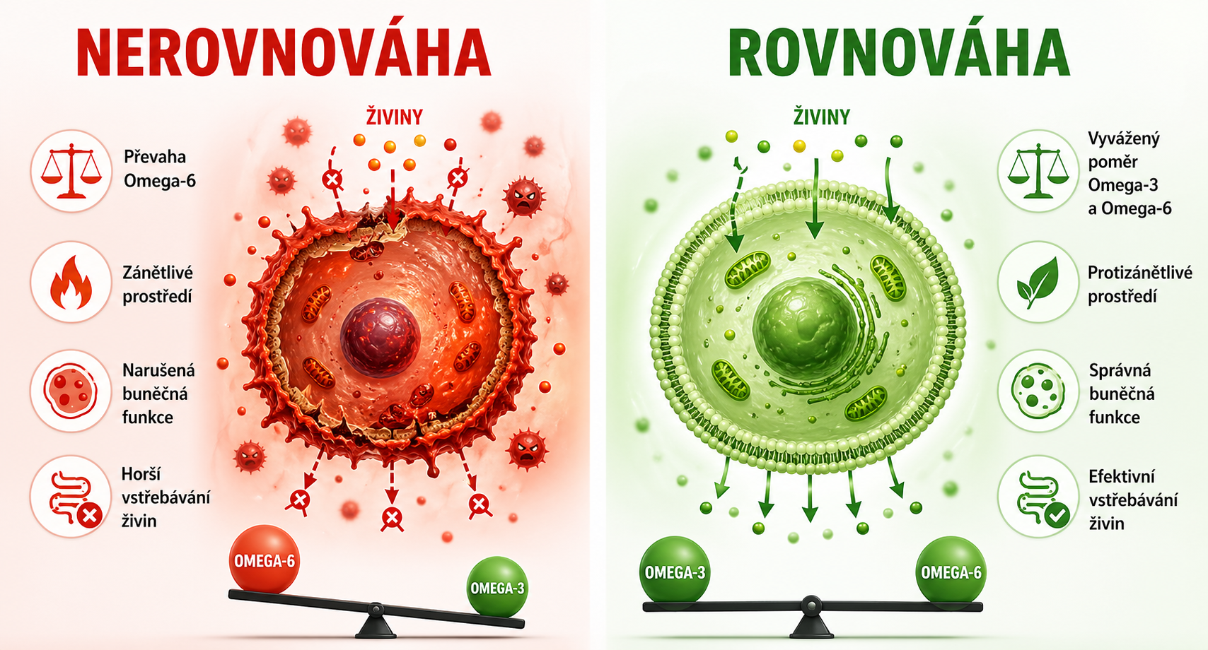 Srovnání zdravé a narušené buněčné membrány — omega-3 vs omega-6